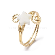 Natural Shell Cuff Ring, Real 18K Gold Plated Copper Wire Wrapped Vortex Finger Ring, Star, Inner Diameter: 19mm(RJEW-JR00645-01)