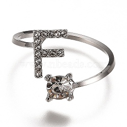 Alloy Cuff Rings, Open Rings, with Crystal Rhinestone, Platinum, Letter.F, US Size 7 1/4(17.5mm)(RJEW-I075-01P-F)