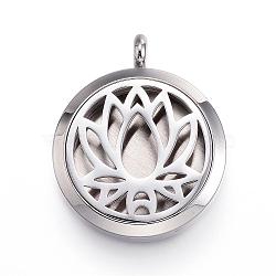 316 Surgical Stainless Steel Diffuser Locket Pendants, with Perfume Pad and Magnetic Clasps, Flat Round with Lotus, Stainless Steel Color, Black, 36.5~37x30x6~6.5mm, Hole: 5mm, inner diameter: 23mm(STAS-P102-065G)