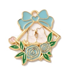 Alloy Enamel Pendants, Golden, Cat with Flower Charm, Sky Blue, 29.5x27x1.5mm, Hole: 2mm(ENAM-147-04A-G)