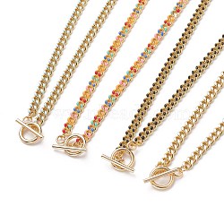 Brass Curb Chain Necklaces, with Enamel and 304 Stainless Steel Toggle Clasps, Real 18K Gold Plated, Mixed Color, 17.91~18.11 inch(45.5~46cm)(NJEW-JN03097)