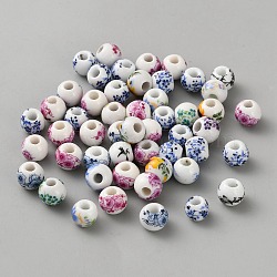 Handmade Porcelain Beads, Rondelle with Flower Pattern, Mixed Color, 9x7.5mm, Hole: 3mm(PORC-WH0009-13)