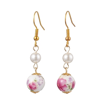 Printed Porcelain & Shell Pearl Dangle Earrings for Women, with Iron Earring Hooks, Golden, 45x12mm