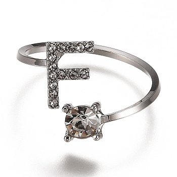 Alloy Cuff Rings, Open Rings, with Crystal Rhinestone, Platinum, Letter.F, US Size 7 1/4(17.5mm)