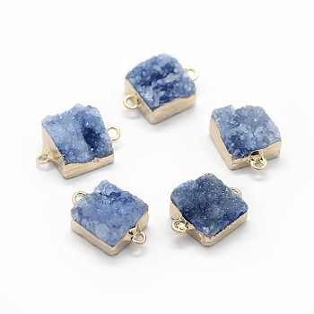 Natural Druzy Quartz Links connectors, with Brass Findings, Square, Golden, Light Steel Blue, 14~18x9~10x6~8mm, Hole: 2mm
