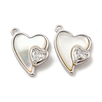 Natural Freshwater Shell Pendants, Brass Pave Clear Glass Heart Charms, Real Platinum Plated, 16.5x12x5mm, Hole: 1.2mm