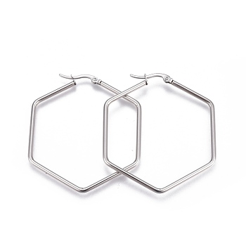 201 Stainless Steel Hoop Earrings, with 304 Stainless Steel Pin, Hexagon, Stainless Steel Color, 12 Gauge, 45x40.5x2mm, Pin: 0.8mm