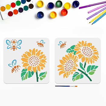 US 1 Set PET Hollow Out Drawing Painting Stencils, with 1Pc Art Paint Brushes, for Acrylic Painting Watercolor Oil Gouache, Sunflower Pattern, Painting Stencils: 300x300mm, 2 styles, 1pc/style