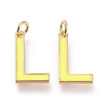 Brass Enamel Pendants, with Jump Ring, Long-Lasting Plated, Real 18K Gold Plated, Letter.L, Champagne Yellow, Letter.L, L: 17.5x10x1.8mm, Jump Rings: Inner Diameter: 3mm