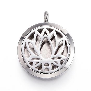 316 Surgical Stainless Steel Diffuser Locket Pendants, with Perfume Pad and Magnetic Clasps, Flat Round with Lotus, Stainless Steel Color, Black, 36.5~37x30x6~6.5mm, Hole: 5mm, inner diameter: 23mm