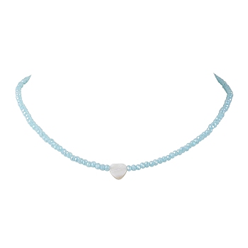 Glass Beads with Shell Heart  Necklaces, Sky Blue, 17.99 inch(45.7cm)