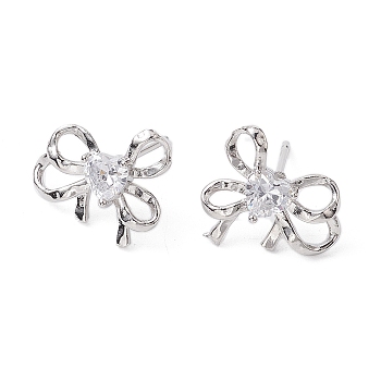 Bowknot Brass Stud Earrings, with Clear Cubic Zirconia, Long-Lasting Plated, Lead Free & Cadmium Free, Platinum, 13.5x15.5mm