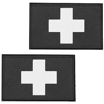 Reflective First Aid Cross Patches, Medical Hoop & Loop Badge, Rectangle, Black, 50x80x3.5mm