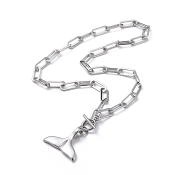 Whale Tail 304 Stainless Steel Pendant Necklaces, with Paperclip Chains, Cable Chains, Stainless Steel Color, 17.9 inch(45.5cm)