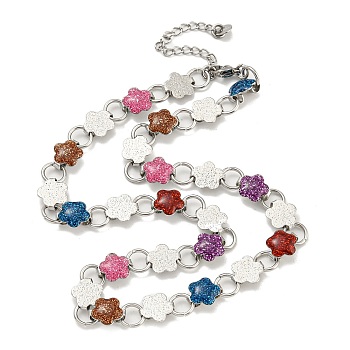 304 Stainless Steel Enamel Flower Link Chain Necklaces with Glitter Powder, Stainless Steel Color, Colorful, 16.54 inch(42cm)