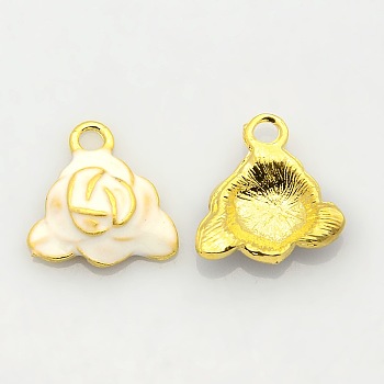 Golden Tone Alloy Enamel Flower Pendants, Rose Charms, White, 16x16x4mm, Hole: 2mm