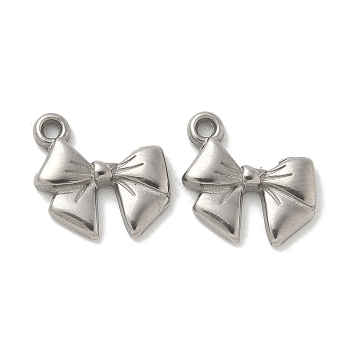 Anti-Tarnish 304 Stainless Steel Pendants, Bowknot Charm, Stainless Steel Color, 15.5x12.5x2.5mm, Hole: 1.4mm