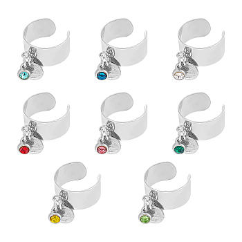 8Pcs 8 Color Birthstone Rhinestone & 201 Stainless Steel Flat Round Charm Rings Set, 304 Stainless Steel Open Cuff Rings, Stainless Steel Color, Inner Diameter: 17~18mm, 1Pc/color