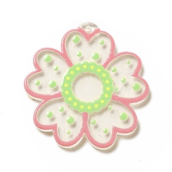 Transparent Printed Acrylic Pendants, Flower Charm, Pale Violet Red, 35x34x2.5mm, Hole: 1.5mm