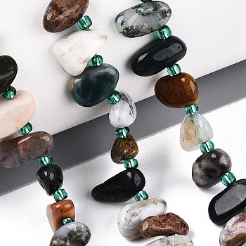 Natural Indian Agate Beads Strands, Nuggets, Top Drilled, Tumbled Stone, with Seed Beads, 9.5~25x4~11.5x3.5~8mm, Hole: 0.8~1mm, about 42~61pcs/strand, 14.96~16.14''(38~41cm)