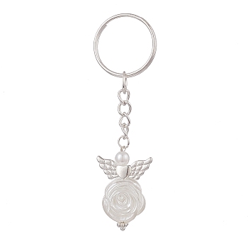 Angel ABS Plastic Imitation Pearl Pendant Keychains, with Iron Split Key Rings, White, 8.1cm