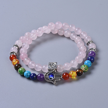 Two Loops Natural Rose Quartz & Natural/Synthetic Mixed Stone Beads Warp Stretch Bracelets, with Evil Eye Lampwork Round Beads and Tibetan Style Alloy Beads, 13-3/8 inch(34cm)