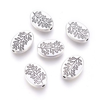 Tibetan Style Alloy Beads, Oval with Leaf, Cadmium Free & Lead Free, Antique Silver, 14x10x3mm, Hole: 1.5mm.