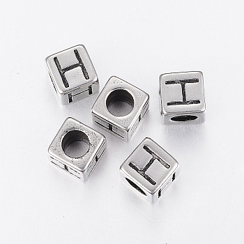 304 Stainless Steel Large Hole Letter European Beads, Cube with Letter.H, Antique Silver, 8x8x8mm, Hole: 5mm