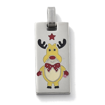 Christmas 304 Stainless Steel Enamel Pendants, Rectangle with Deer Charm, Stainless Steel Color, 28x13x2.5mm, Hole: 4.5x3mm