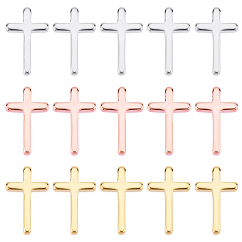 SUPERFINDINGS 24Pcs 3 Color Brass Tiny Cross Charms, Mixed Color, 13x8.5x2.5mm, Hole: 1.4mm, 8pcs/style
