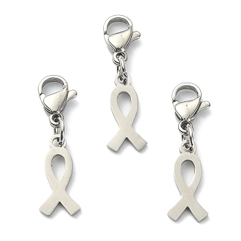 Awareness Ribbon 304 Stainless Steel Pendant Decotations, with Lobster Claw Clasps, Stainless Steel Color, 26mm