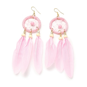Feather Woven Net Chandelier Earrings, Alloy Long Tassel Drop Earrings for Women, Pearl Pink, 126mm, Pin: 0.6mm