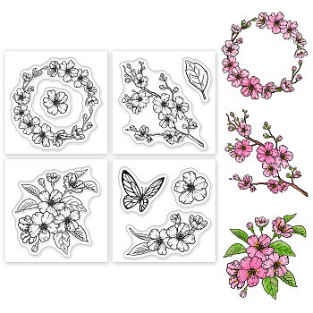 4Pcs 4 Styles PVC Stamp, for DIY Scrapbooking, March Cherry Blossom, 55x55mm, 1pc/style