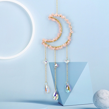 Glass & Brass Moon Pendant Decorations, Suncatchers, Rainbow Maker, with Chips Rose Quartz, for Home Decoration, 520mm