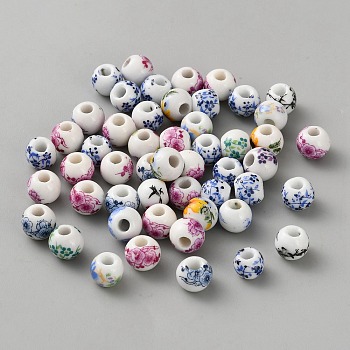 Handmade Porcelain Beads, Rondelle with Flower Pattern, Mixed Color, 9x7.5mm, Hole: 3mm