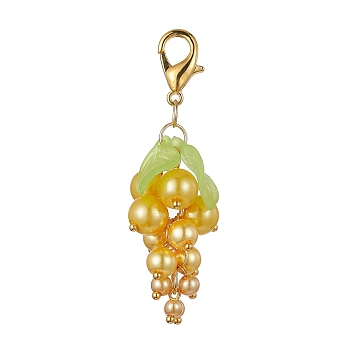 Grape Glass Pendant Decoration, with Acrylic Leaf and Alloy Clasp, Gold, 57~60mm