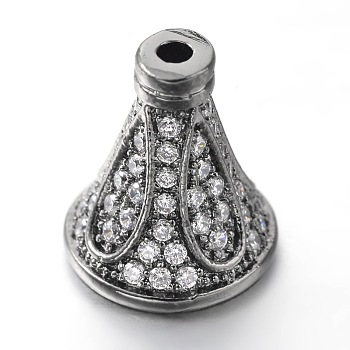 Brass Micro Pave Cubic Zirconia Bead Cones, Gunmetal, 13x12mm, Hole: 1mm & 6mm