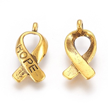 Breast Cancer Awareness Ribbon Carved Word Hope Tibetan Style Alloy Message Pendants, Cadmium Free & Nickel Free & Lead Free, Antique Golden, 17x8x3mm, Hole: 2mm