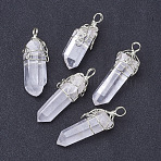 Natural Quartz Crystal Double Terminated Pointed Big Pendants, with Silver Tone Brass Findings, Bullet, 49~57x10~13mm, Hole: 5x6mm(G-P253-01S)