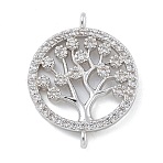 Rack Plating Brass Clear Cubic Zirconia Flat Round with Tree Connector Charms, Long-Lasting Plated, Cadmium Free & Lead Free, Platinum, 19x15x2.5mm, Hole: 1.2mm(KK-A234-032P)