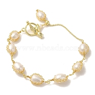 Natural Pearl Beaded Bracelets, Brass Wire Wrapped Bracelet with Flower Clasps, Real 14K Gold Plated, 7-3/8 inch(18.8cm)(BJEW-C051-10G)