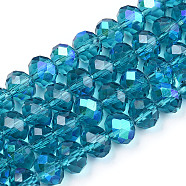 Electroplate Glass Beads Strands, Half Rainbow Plated, Faceted, Rondelle, Steel Blue, 8x6mm, Hole: 1mm, about 63~65pcs/strand, 39~40cm(EGLA-A034-T8mm-L25)