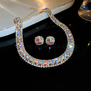 Square Brass Rhinestone Chain Necklaces & Stud Earrings Sets, Golden, Crystal AB, 420mm(WG5A820-09)