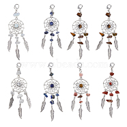 Woven Net/Web with Feather Pendant Decoration, with Gemstone Beads, Lobster Clasp Charms, Clip-on Charms, for Keychain, Purse, Backpack Ornament, Stitch Marker, 107mm, 8pcs/box(HJEW-FH0001-30)