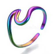 304 Stainless Steel Sea Wave Cuff Rings, Open Rings for Women Girls, Rainbow Color, US Size 7(17.9mm)(RJEW-N038-115M)