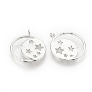 Brass Pendants, Moon with Star, Nickel Free, Real Platinum Plated, 18x15x1mm, Hole: 1mm(KK-Q735-382P)