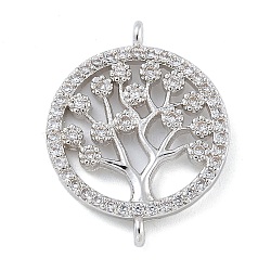 Rack Plating Brass Clear Cubic Zirconia Flat Round with Tree Connector Charms, Long-Lasting Plated, Cadmium Free & Lead Free, Platinum, 19x15x2.5mm, Hole: 1.2mm(KK-A234-032P)