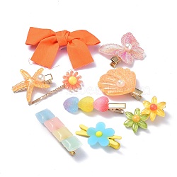 kids Hair Clips Sets, Iron Snap Hair Clips & Alligator Hair Clips & Hair Bobby Pins, with Resin and Cloth, Bowknot & Square & Butterfly & Shell & Flower & Starfish & Heart, Orange, 42~76x15.5~46x9~18mm, 9pcs/set(PHAR-P006-B01)