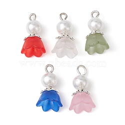 Transparent Acrylic Pendants, with Baking Painted Pearlized Glass Imitation Pearl Round Beads, Frosted, Flower, Mixed Color, 16.5x10.5x10.5mm, Hole: 1.5mm(PALLOY-JF02336)