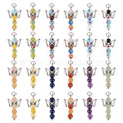 Jewelry Making Findings Kits, Angel Charm, Including 15Pcs Natural & Synthetic Gemstone Pendants amd 15Pcs Handmade Millefiori Glass Pendants,  with Antique Silver Tone Alloy Wings, 32.5~33.5x18x6mm, Hole: 6mm, 1pc/style, 30 styles(PALLOY-SC0004-05)